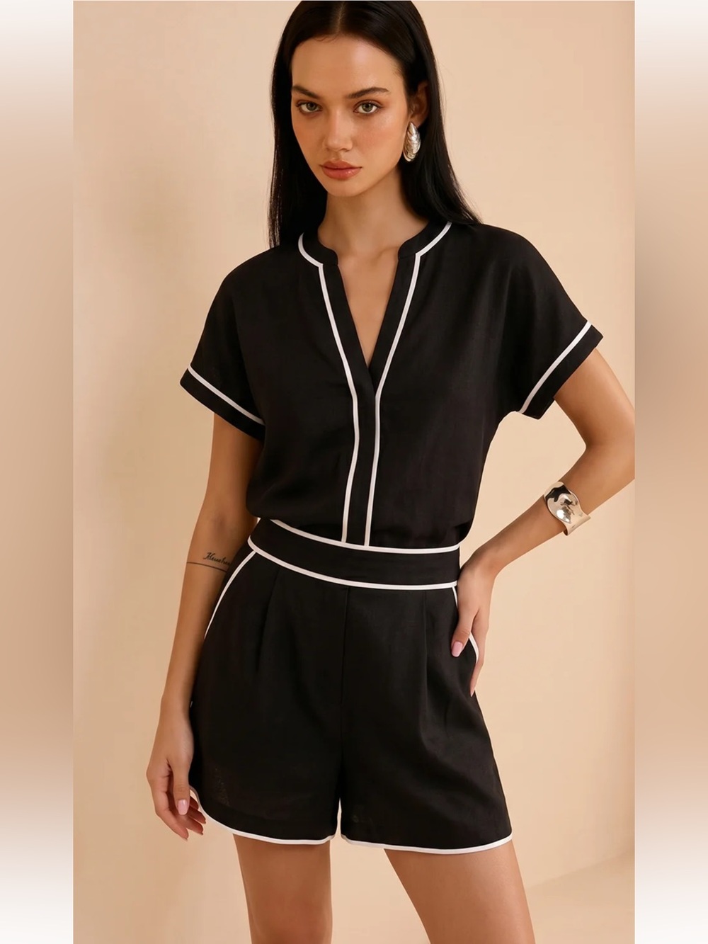 #309 Cotton Linen Contrast Trim Top & Shorts Set
